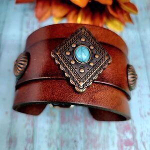 Western Style Leather Cuff Bracelet Adjustable With Faux Turquoise Concho